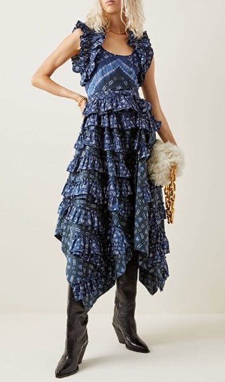 Ulla Johnson Blue Printed Ruffle Tiered Asymmetrical Midi Dress Size 0